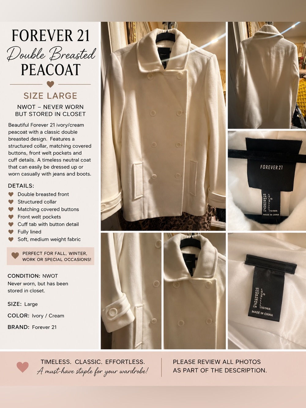 Forever 21 Double Breasted Peacoat in Cream Size Large Like New NWOT